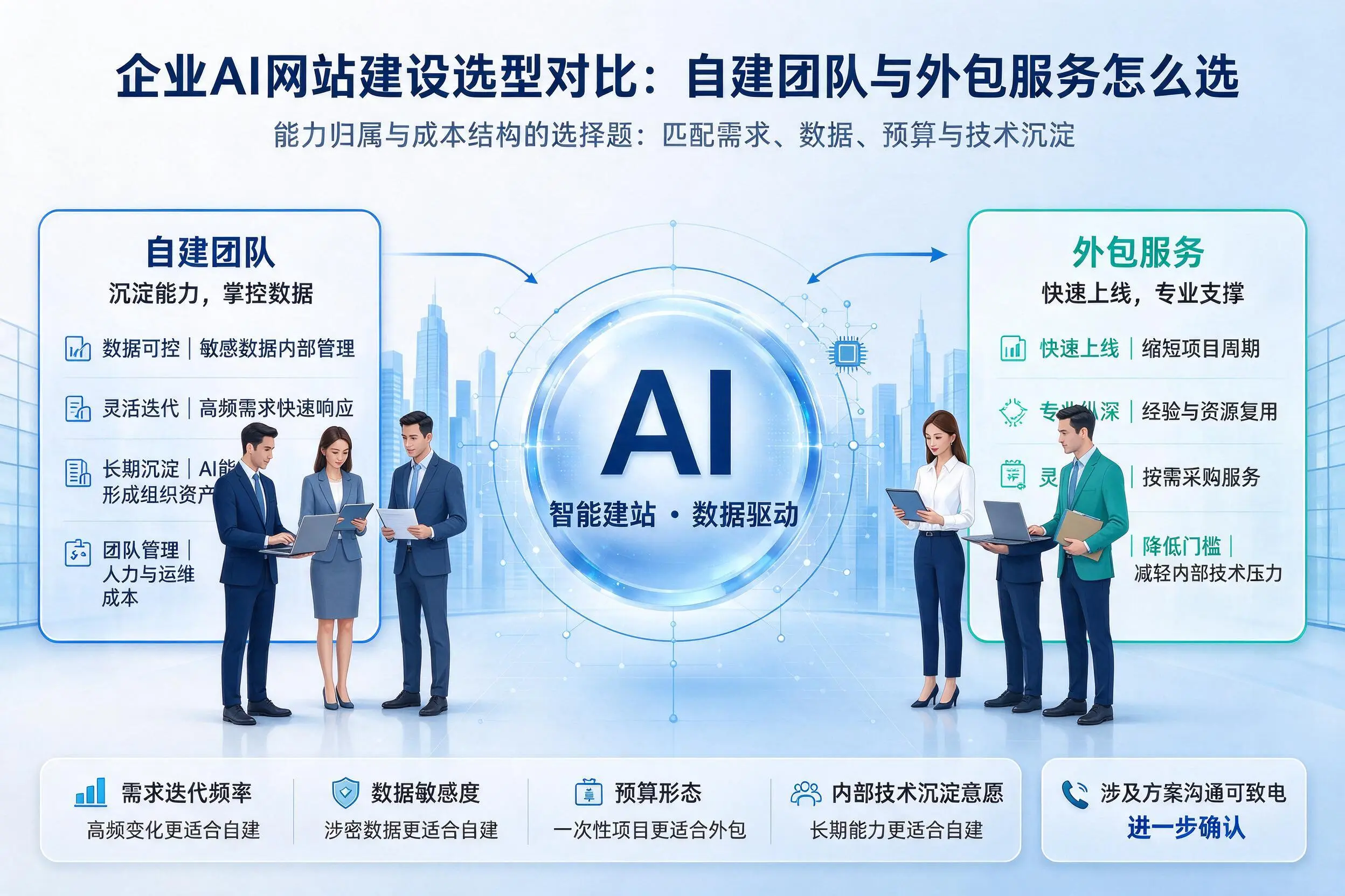 丽江企业AI网站建设选型对比:自建团队与外包服务怎么选